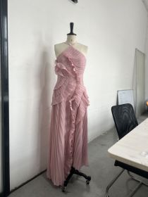 Elegant Neck Strap Ruffles Evening Gown Solid Folds A Line Lace Up Backless Sexy Party Dress 2025 New Party Vacation Y2k Robe (Color: Pink, size: XXL)
