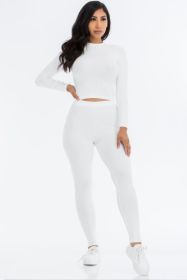 Ribbed Mock Neck Long Sleeve Top & Leggings Set (Select Color: White, Select Size: M)
